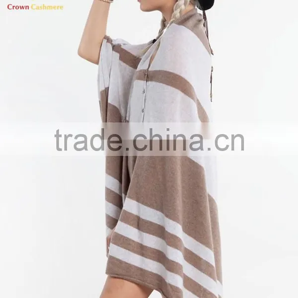 Cashmere Wool Knitted Poncho Shawls With Buttons Stripe Color Block Shawl photo-2