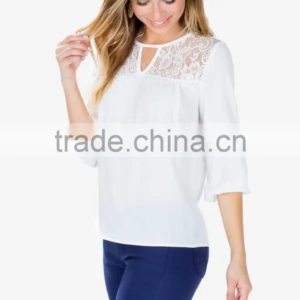 Crew Neck Long Sleeves Fashion Lace Blouse With Keyhole Front photo-4