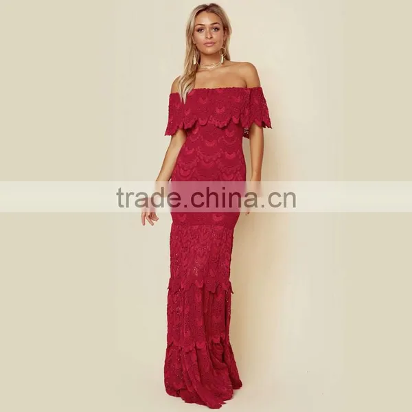 Overall Lace off Shoulder Ruffle Maxi Dresses Delicate Lady's Apparel photo-5