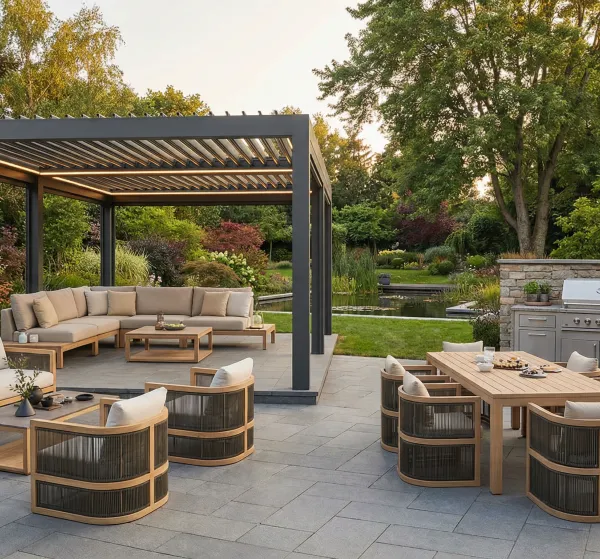 Motorized Louvered Aluminum Pergola With LED Lights, Modern Outdoor Gazebo for Garden & Patio