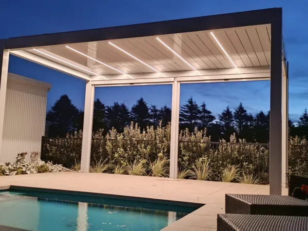 Modern Motorized Louvered Aluminum Pergola With LED Lights & Glass Sliding Doors, Outdoor Patio Gazebo for Poolside & Luxury Villa