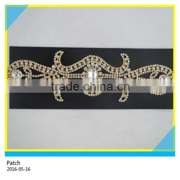 Gold Rhinestone Trimming Jewelry Applique Sew on Banquet Garment Rhinestone Patch 9x19cm photo-2