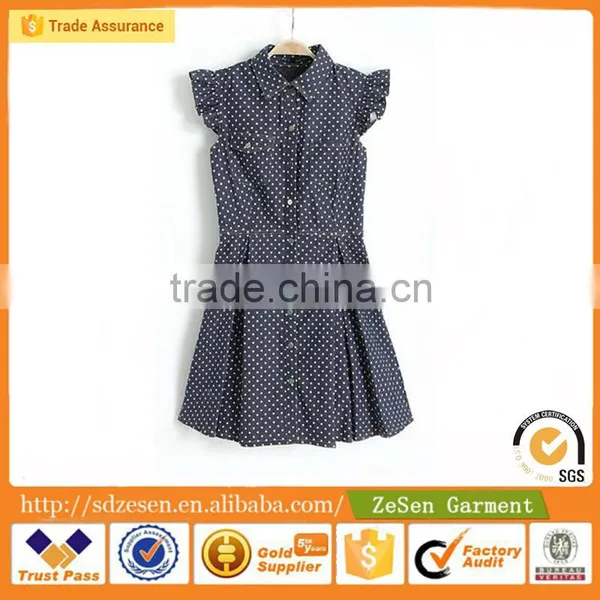 Lapel Ruffle Sleeve Polka Dot Denim Skirt Dress Cotton Wholesale Printed Apparel For Women photo-2