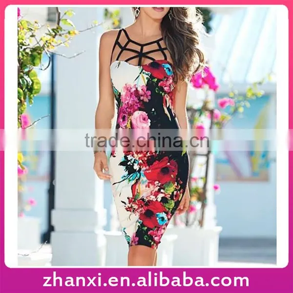 Printing Fashion Women Sleeveless Bodycon Sexy Designer Flower Girl Dress Patterns