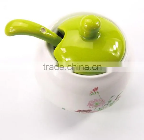 Set Of 3 White Flower Printed Round Ceramic Spice Container Spice Jar With Lid photo-5