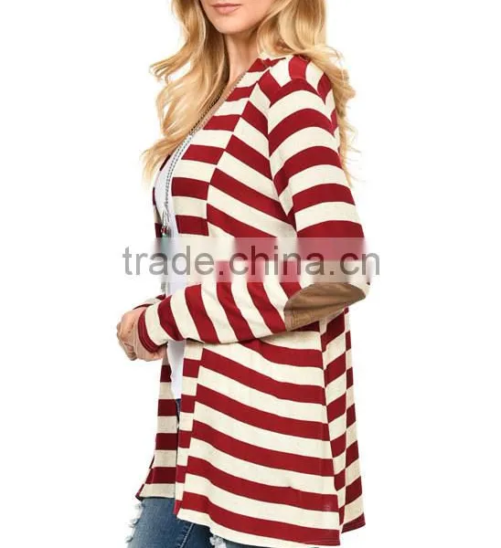 OEM Latest Designs Multi-color Women Fashion Stripe Elbow-Patch Open Front Cardigan Sweaters photo-3