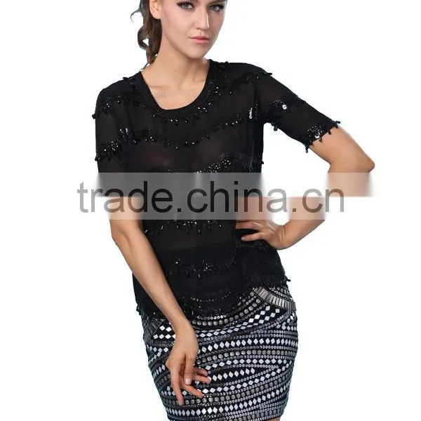New Design Fashion Short Sleeve Embellished Chiffon Top photo-2