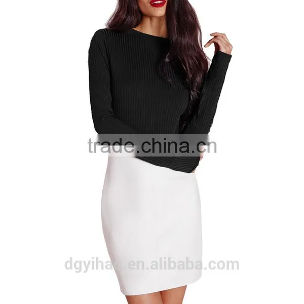 Basic Round Neck Ribbed Body Suits Women Black Long Sleeve Bodysuit Custom 2016 Latest Designs Ladies Black Knitted Sweater photo-4