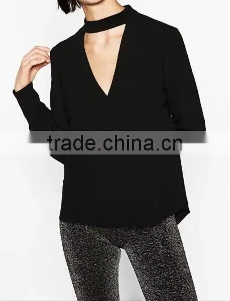 Runwaylover EY2376B Ladies 2017 Deep V-Neck Sexy Pure Color Blouse photo-3