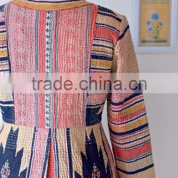 Hand Crafted Kantha Jacket in Beautiful Vintage Color Print ~ Large photo-4