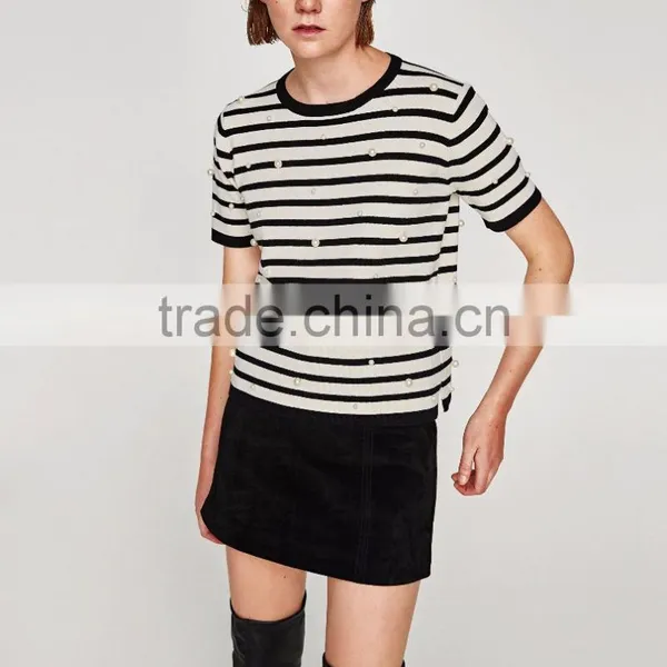 Guangzhou Shandao Garment OEM Service New Design Beaded Style 160g 100% Cotton Short Sleeve O-Neck Striped Women's T Shirts photo-2