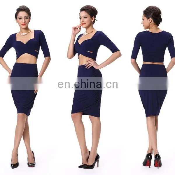 Wholesale Rayon Fabric New Fashion Navy Blue Party Skirt Two Pieces Woman Apperal photo-2