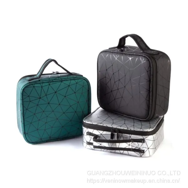 Makeup Travel Case With Adjustable Dividers Marble Makeup Organizer Train Case for Women Portable Cosmetic Bags Green Geometric
