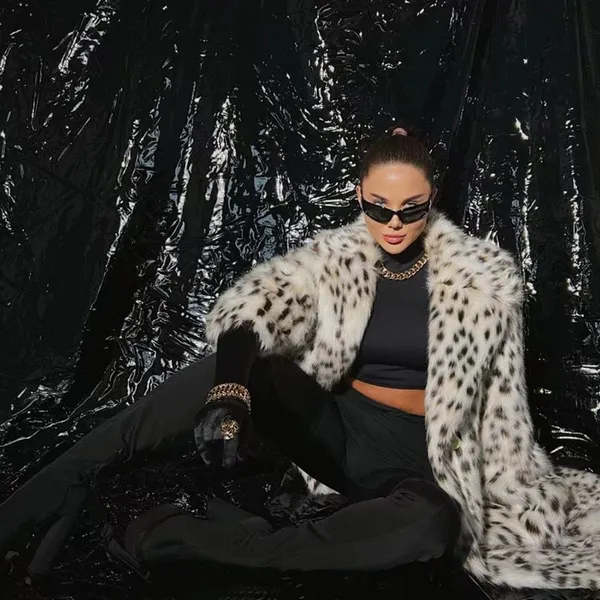 2025 Autumn Winter New Leopard Print Women’s Coat Mid-Length With Suit Collar Faux Fox Fur Overcoat photo-3