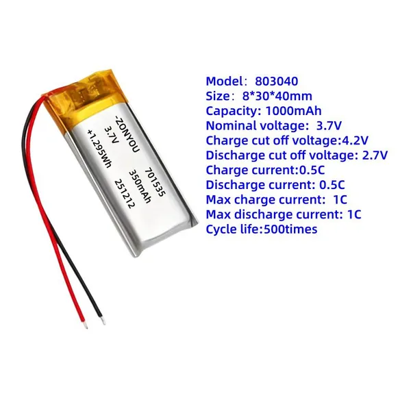 Factory Direct Sale 701535 Pouch Cell 350mAh 3.7V Lithium Polymer Battery 500 Cycles for Small Household Appliances Electronics