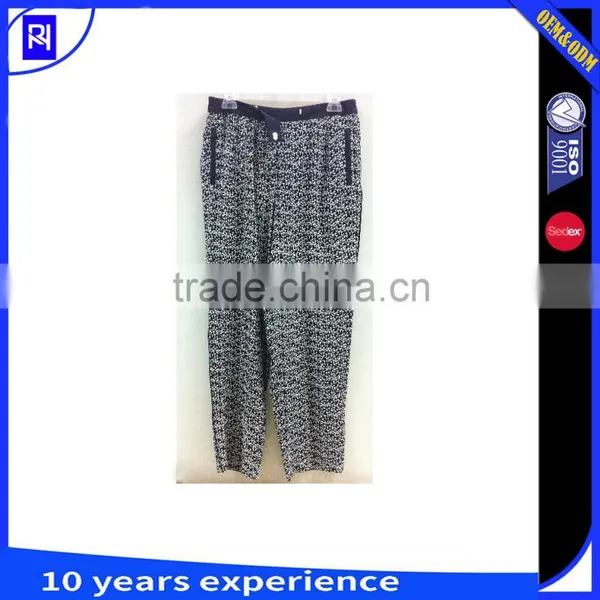 100% Viscose Print Pants Trousers Ankle Length Solid Waistband Staight Leg Back Jetted Pocket Front Vertical Pocket