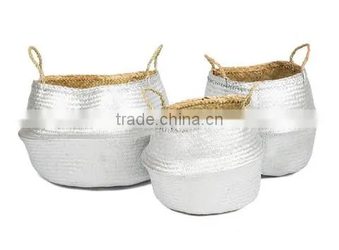 Metalic Silver Seagrass Basket/ Laundry Seagrass Storage Basket/ Decor Basket photo-3