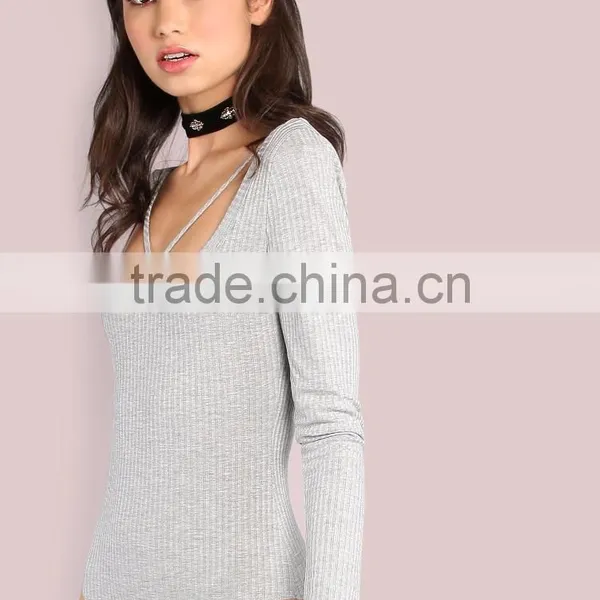 Gray Sleeved Rib Knit Bar Bust Bodysuit 95% Rayon 5% Spandex Sexy Scoop Neck With Criss Sweater photo-3