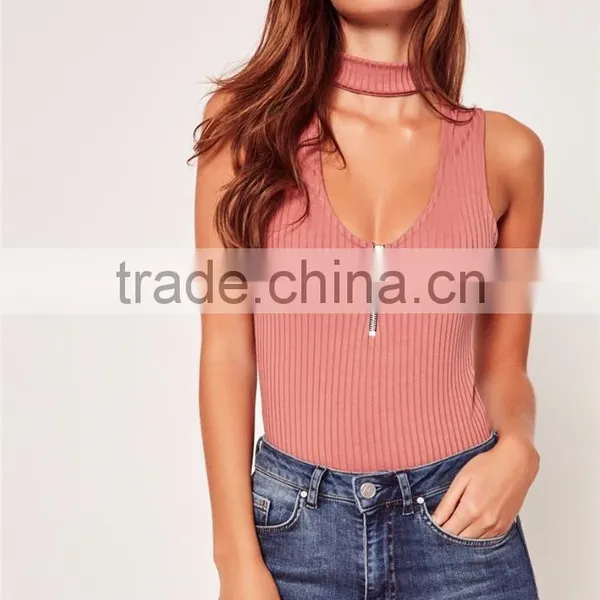 Pink Cut Out Mock Neck Zipper Infront Sleeveless Bodysuit Cotton Blends Sexy Scoop Neck Sweater photo-2