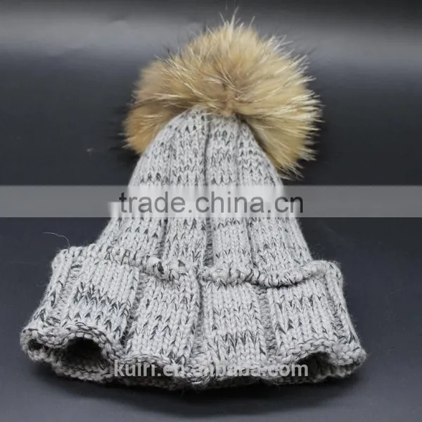 Factory Supply 2016 Thicken Woman Knited Beanie Hat With Large Size 15 cm Raccoon Fur Poms Wool Caps photo-5