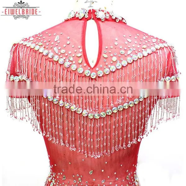 OEM Long Floor-length Beaded and Feather Red Sheath/Column Wedding Dress photo-5