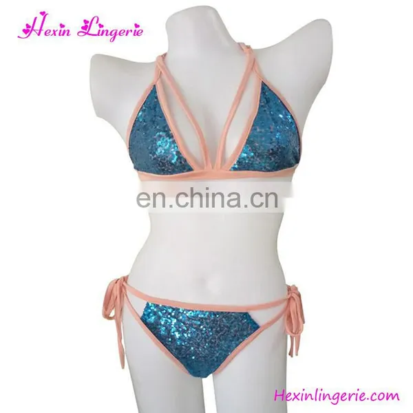 Wholesale 3 Colors Fashion Blue Beach Set Sequins Tie Bikini Swimwear photo-2