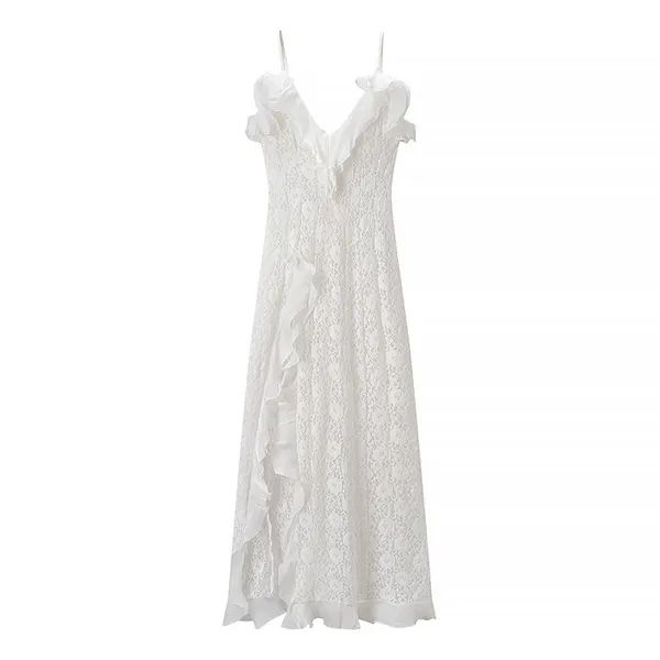 2025 New Fashionable Elegant Women's V-Neck Backless Wave Pleated Ruffle Dress photo-4