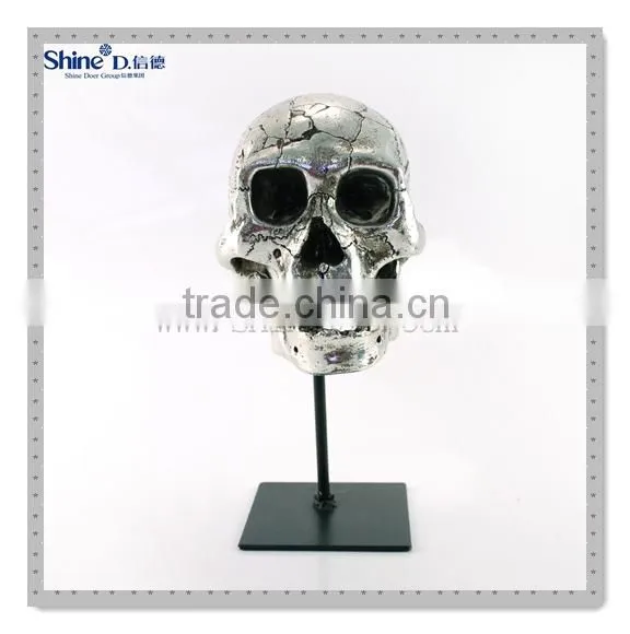 Polyresin Sculpture Silver Human Skull Head Artificial Skeleton Gifts With Metal Stand