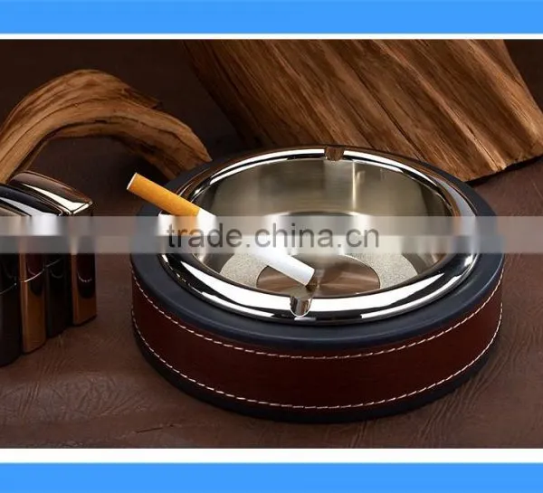 DCA009115S Metallic Silver Stainless Steel Table Ashtray With Leather Wrapped, Round Metal Ashtray With Leather photo-3