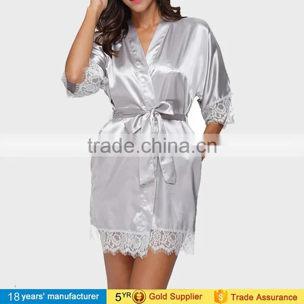 Sexy Women Plus Size Lace Knee Length Lingerie Bathrobe Silk Satin Kimono Bride Bridesmaids Robes for Wedding Party 2017 photo-4