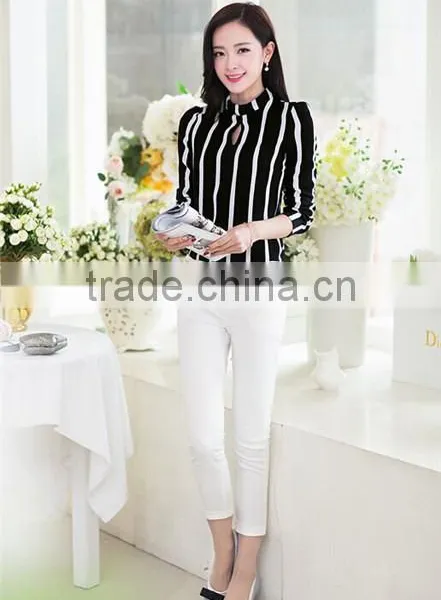 Fashion Korea Womens Stripe Blouse Long Sleeve Shirt Chiffon Slim Fit Tops photo-2