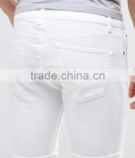 Latest Custom Functional Pocket Men's White Super Skinny Slim Fit 65% Cotton 35% Polyester Denim Concealed Fly Casual Hot Shorts photo-3