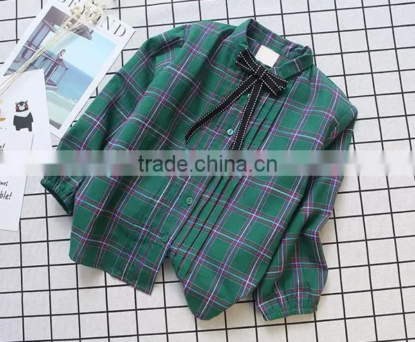 2-8 Years 2017 New Wholesale Autumn Cotton Full Sleeve Bow Plaid Girls Blouses photo-3