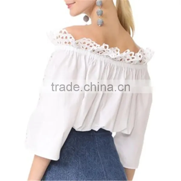 2017 OEM Semi-sheer Loose Off-shoulder Neckline London Lace Blouse photo-4