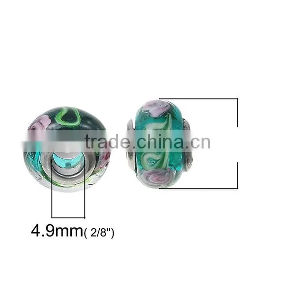 Lampwork Glass European Style Large Hole Beads Round Green Transparent Pink Flower With 304 Stainless Steel Silver Tone Core photo-2