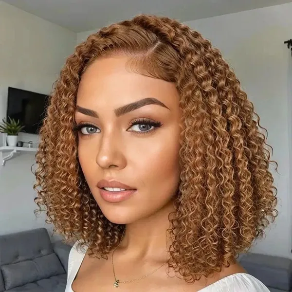 14inch Light Brown 5x5 Glueless Lace Closure Wig Deep Wave Colored Pre Plucked Bob Human Hair Lace Front Wig For Women photo-3