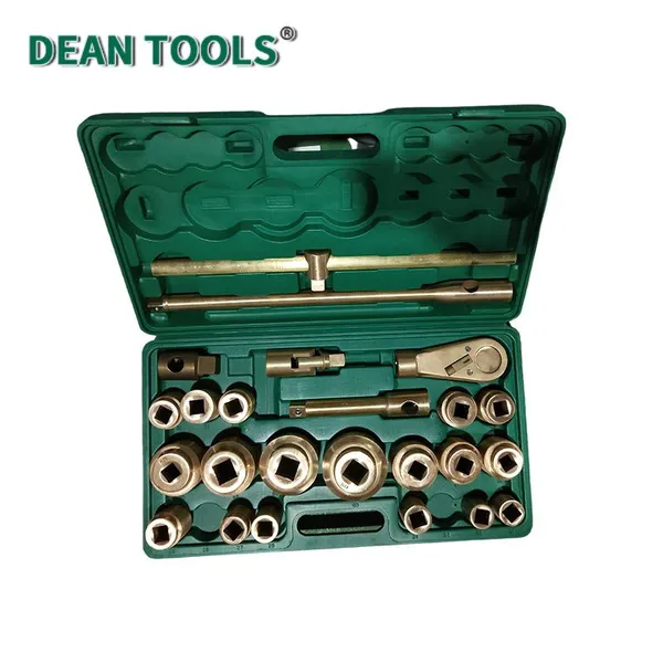 Aluminum Bronze Non-Sparking 1“ Dr Socket Set-18pcs With Sockets, Sliding T-Handle, Driver Extension,Corrosion Resistant