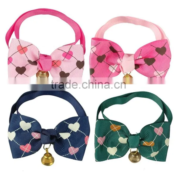 Wholesale Mixed Color Lovely Heart Printed Cat Bow Tie Neck Collar With Bell