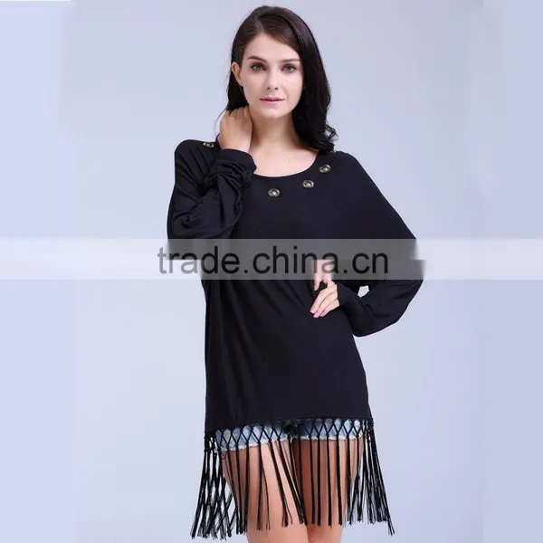 New Spring 2017 Rayon Spandex Knit Fringed Blouse With Dolman Sleeves Hand Sewn Beads