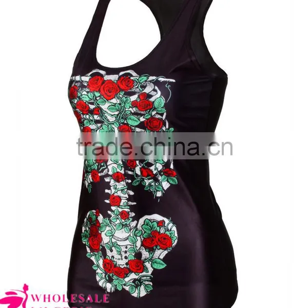 Wholesale Black Cool Womens 3D Flower Skeleton Printed Tank Top BX147 photo-6