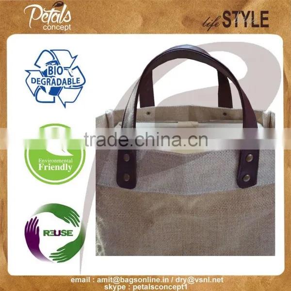 Leather Handle Jute Bag - With Removable Hard Base - Genuine Leather Handle - Luxary Bag photo-2