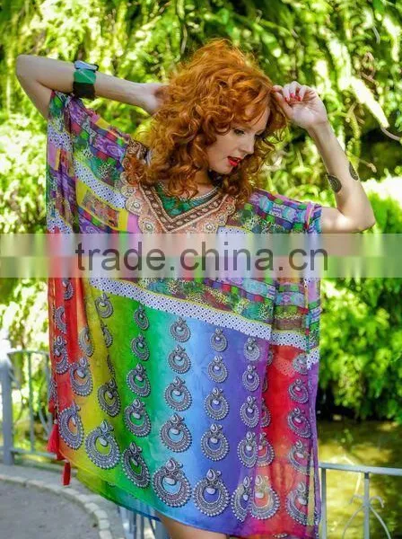 Georgette Digital Print Crystal Embellished Lace up Kaftan CAFTAN Tunic Poncho Blouse photo-3