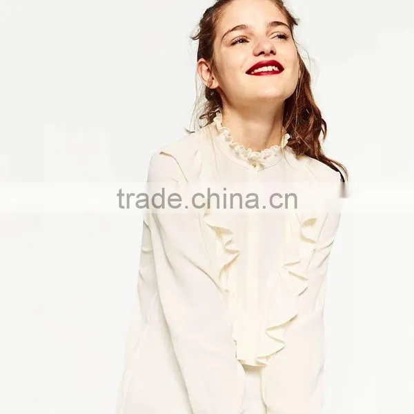 2016 Online Wholesale Latest Simple Design Elegant Lace Inserts High Neck Designs Women's Ruffle Shirt Ladies Top and Blouses photo-2
