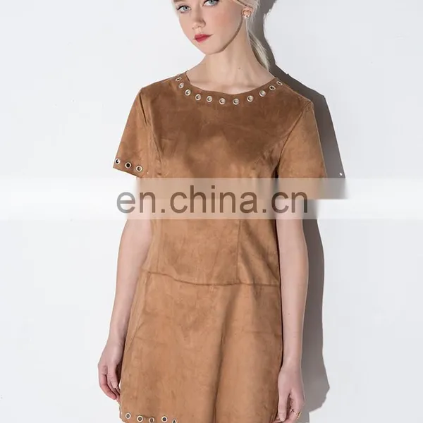 2016 China Wholesale Short Sleeve Mini Brown Suede Big Size Women Dress Evening Dresses