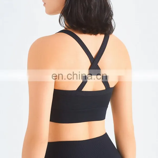 Ribbed Recycled Sports Workout Bras Wholesale Solid Cross Back Yoga Crop Tops For Women photo-2