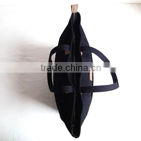 High Quality Navy Denim Bag Denim Tote Bag With Leather Trim photo-4