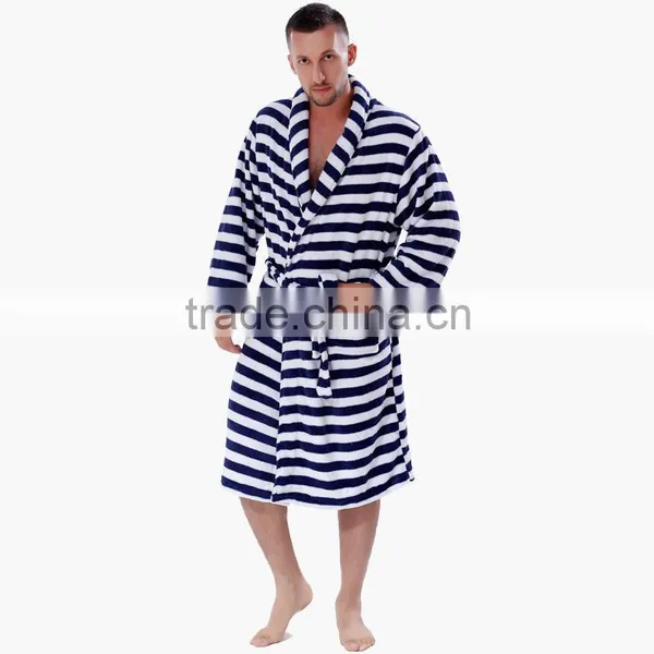 Men Women Plus Size Coral Fleece Navy Stripe Warm Bath Robe Pyjama Dressing Gown Sleepwear Bathrobe For Couples photo-3