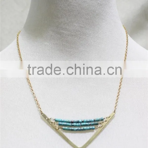 Newest Elegant Turquoise Beads Triple Necklace w/ Goldtone Triangle Necklace 2016 Fashion Necklace Wholesale