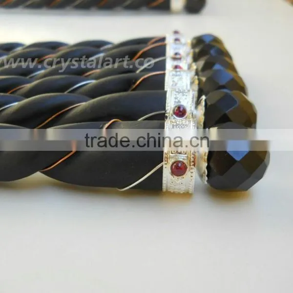 BLACK AGATE TWISTED FACETED WAND WOODEN HEALING STICK photo-3