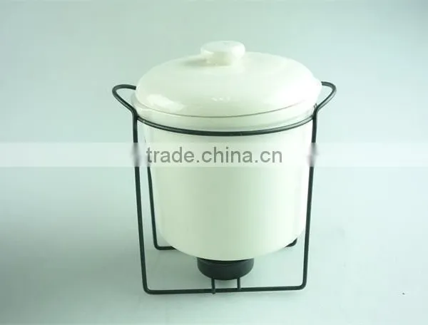 Samll Round White Ceramic Soup Tureen With Lid , Stock Cheap Ceramic Tureen With Black Iron Part photo-2